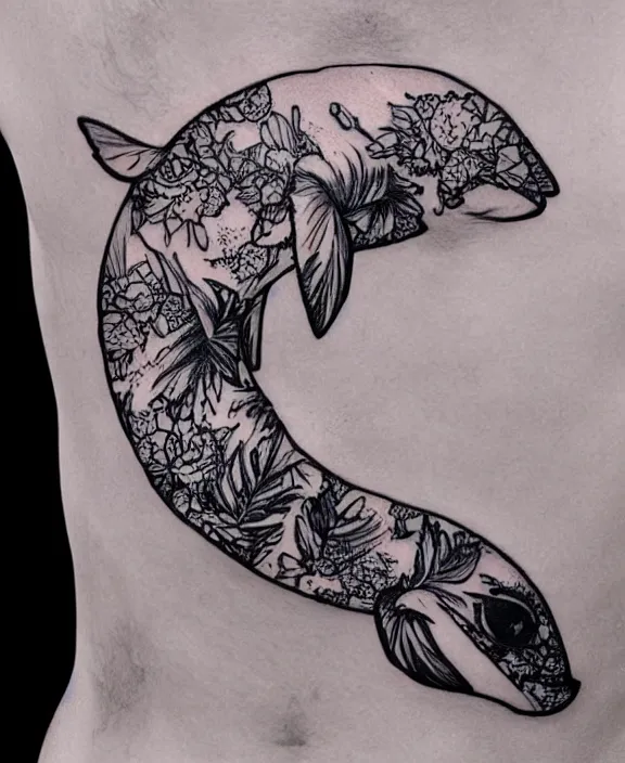 Image similar to amazing detailed tattoo stencil of a floral realistic orca