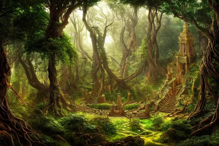 Image similar to a beautiful and highly detailed digital painting of an elven temple in a lush valley in mirkwood forest, psychedelic patterns, intricate details, epic scale, 8 k, sharp focus, photorealism, artstation, cgsociety, by caspar friedrich, albert bierstadt, james gurney, brian froud,