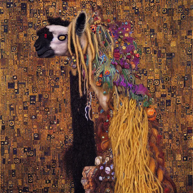 Prompt: llama with dreadlocks, in the style of gustav klimt, by mandy jurgens, ernst haeckel, james jean