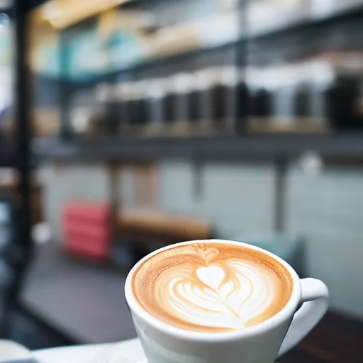 Image similar to a cup of latte in a mug imitating a toilet, fresh bakeries in the background, in a bright cafe, 3 5 mm, f 1. 8