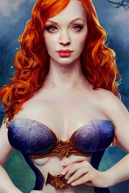 Image similar to frontal standing pose portrait of Christina Hendricks as a sensual Sabrina the Teenager Witch, very beautiful young woman, ginger straight hair, Victorian-era push-up underwire. Intricate, concept art, magic mystique imagery themed, D&D!, fantasy style, sharp focus!, ultra detailed, art by Artgerm and Peter Andrew Jones, WLUP, Magali Villeneuve