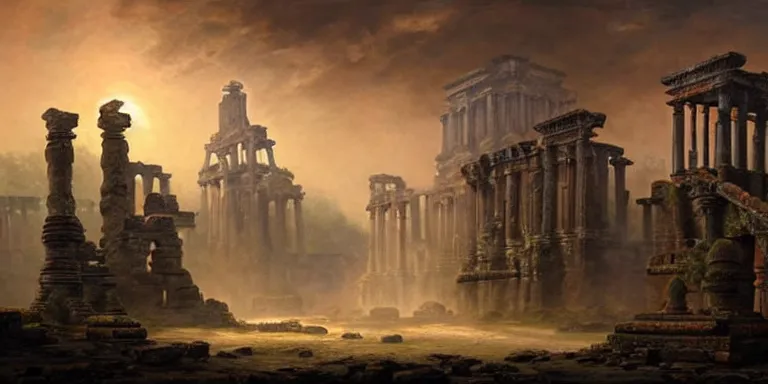 Image similar to beautiful hyperrealistic spectacular painting of the mysterious intricate ruins of the mysterious ancient temple, an advanced technology timemachine with a green - glowing - crystal from the future is inside the temple, by hubert robert and lee madwick and bastien lecouffe - deharme, dramatic sunset lighting, advanced technology