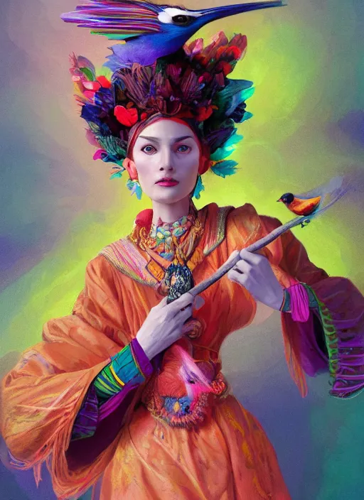 Image similar to an anthropomorphic beautiful goddess female wizard made of colourful bird portrait holding a staff wearing colourful robe, fine art, award winning, intricate, elegant, sharp focus, octane render, hyperrealistic, cinematic lighting, highly detailed, digital painting, 8 k concept art, art by jamie hewlett and z. w. gu, masterpiece, trending on artstation, 8 k