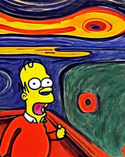 Image similar to a painting of homer simpson screaming in the scream by edvard munch