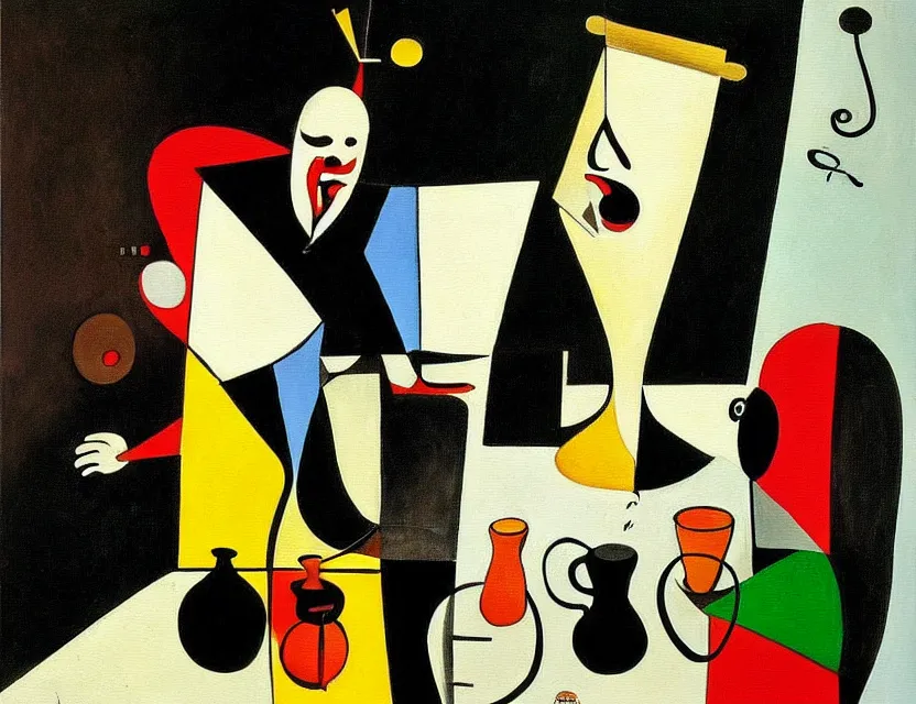 Image similar to a painting of a old and strange dusty professor in black suite making a study of drinking 1 0 cups of black coffee in a kitchen that is slowly melting, styled and painted by joan miro and giorgio de chirico