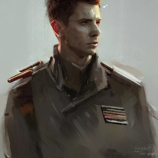 Image similar to Portrait of a man by Greg Rutkowski, he is about 30 years old, short copper hair, attractive, military composure, younger brother vibes, he is wearing futuristic military fatigues, cool uncle vibes, highly detailed portrait, digital painting, artstation, concept art, smooth, sharp foccus ilustration, Artstation HQ.