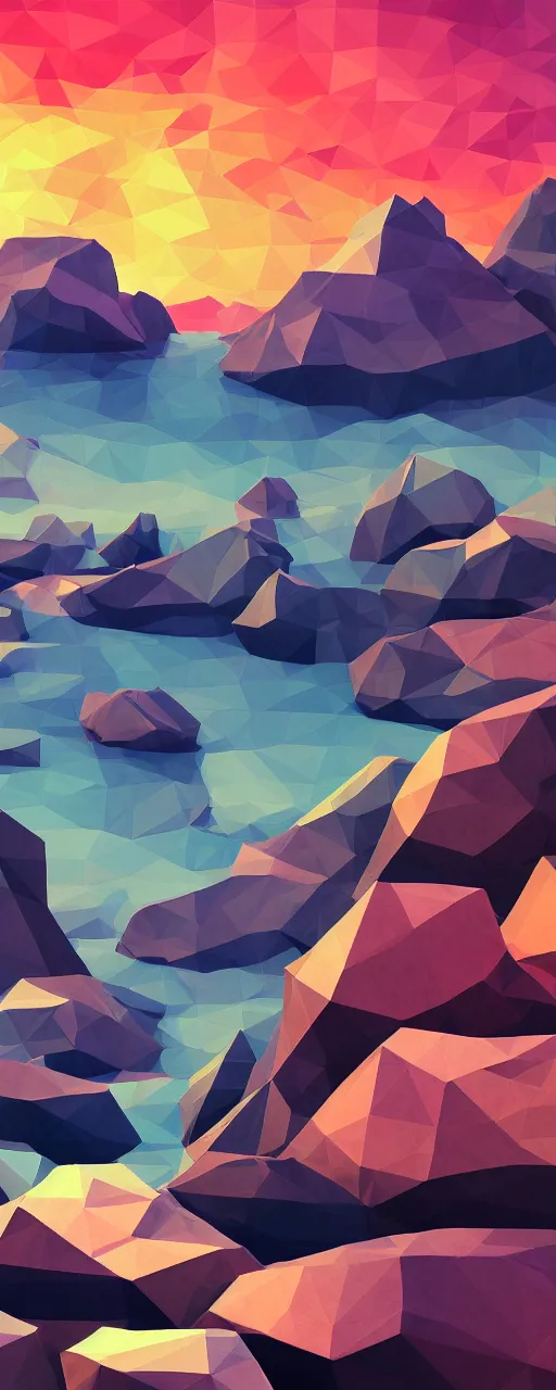 Image similar to super detailed color lowpoly art, northern sunset with rocks on front, monochrome photorealistic bay in the middle of perspective and mountains at background, big graphic ship in the middle of composition, unreal engine, high contrast color palette, 3 d render, lowpoly, colorful, digital art, perspective, robb cobb