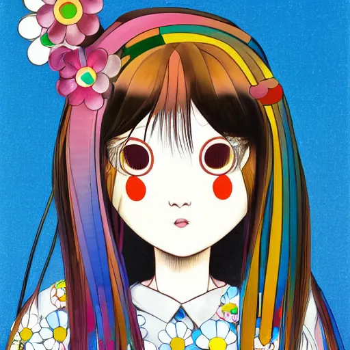 Prompt: a portrait of a girl by takashi murakami, aya takano color style, 4 k, super detailed