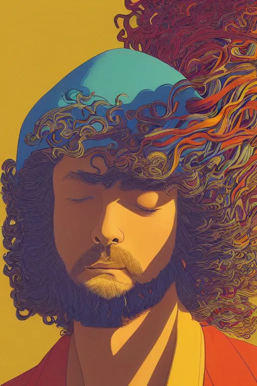 Prompt: a colorful vibrant closeup portrait of a simple caucasian man with curly mid length brown hair with a calm aesthetic face and dreaming psychedelic hair, by kawase hasui, moebius, edward hopper and james gilleard, zdzislaw beksinski, steven outram colorful flat surreal design, hd, 8 k, art station