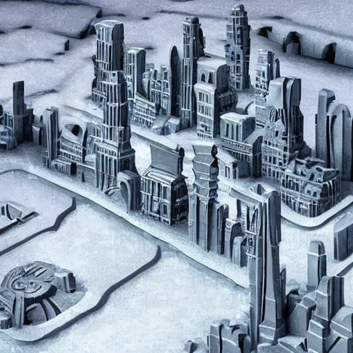 Prompt: a retro futuristic city carved out of ice