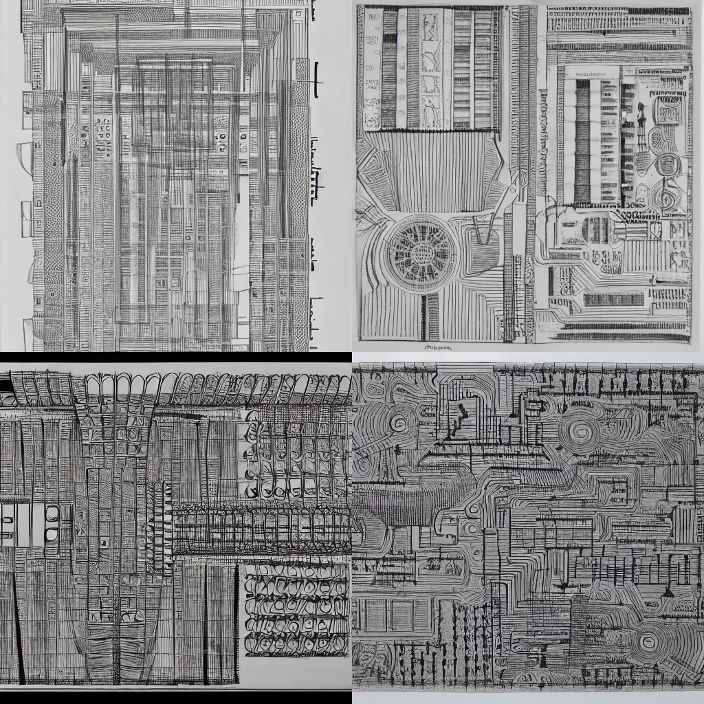 Prompt: Hatching, flexible character code, acoustic information, hieroglyphs, repetition, complex system of order, building plans, scores, circuits, cartography, medium: pencil drawing