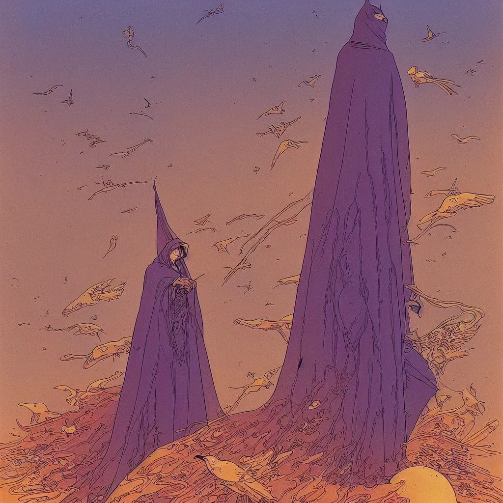 Prompt: centered illustration by jean giraud and moebius of a man wearing a cloak in the abyss, ambient with birds, desert, intrincate, detailed, awesome enviromet, fantasy, volumetric