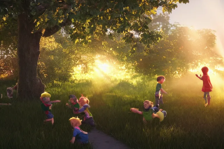 Prompt: kids in the garden are playing, sun breaks through the apple tree, green everywhere, sun, happy, joy, 4k, ultra details, cinematic, epic style, beautiful photo, hyper realistic, octane render, unreal engine, award winning, on artstation, volumetric lightning, masterpiece, golden hour,