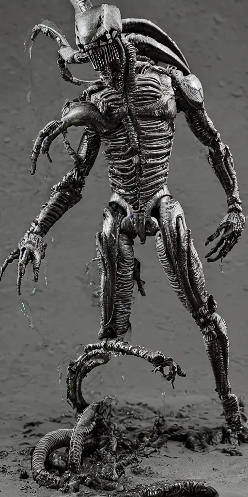 Prompt: bootleg figure of a plastic platinum xenomorph diorama drown in the mud, secondhand, mcfarlane, cursed photography, middle shot