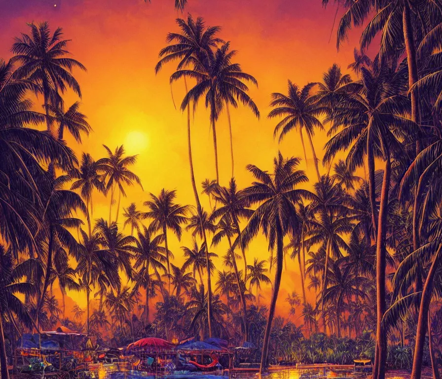 Image similar to a tropical paradise beach filled with palm trees and exotic flowers at sunset by paul lehr, detailed line drawing, intricate, hd, digital art, complementing colors, detailed, illustration painting by alex gray, digital art, moebius