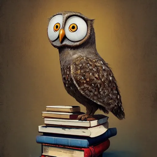 Image similar to long shot of a very cute plushy owl with eyelids half cloed sitting on a pile of antique books, by esao andrews, by pixar, humorous illustration, hyperrealistic, big depth of field, fresh colors, dim light, 3 d octane render conceptart, 4 k, hyperdetailed, trending on artstation