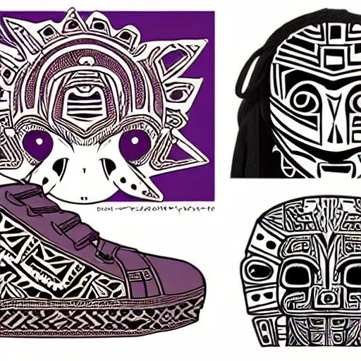 Image similar to sneaker design concept art, aztec mayan street fashion native punk sneaker design, majora's mask, wearing wooden mask, hip hop sneaker design with subtle mayan patterns, gapmoe yandere grimdark, trending on pixiv fanbox, painted by greg rutkowski makoto shinkai takashi takeuchi studio ghibli, akihiko yoshida