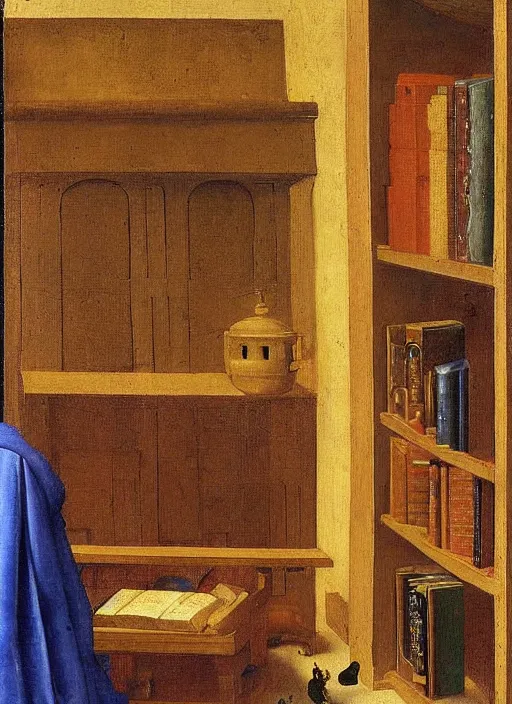 Image similar to bookshelf with books and children toys, medieval painting by jan van eyck, johannes vermeer, florence