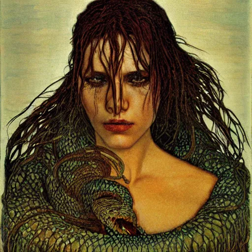 Image similar to gloomy by robert kirkman, by carlos schwabe. a beautiful art installation of a snake eating its own tail that seems to go on forever.