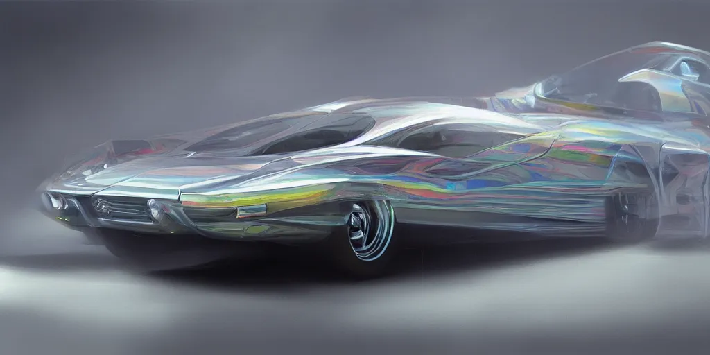 Image similar to full view of a car, painted in silver rainbow holographic pearlescent, elegant, digital painting, concept art, smooth, sharp focus, art style from Wang Ke and Greg Rutkowski and Bruce Kaiser and Scott Robertson and Dmitry Mazurkevich and Doruk Erdem and Jon Sibal, small style cue from Blade Runner