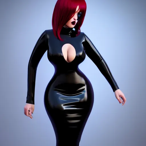 Image similar to a feminine curvy pale hot goth cutie wearing an tight red-black latex high-neck dress, cgsociety, photorealistic, sublime-cool-hyperadvanced-dark-amorous ambience, 16k, smooth, sharp focus, trending on ArtStation, volumetric lighting, fully clothed, thin waist