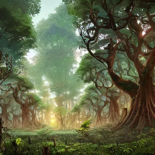 Prompt: concept art painting of a forest with treehouses made of trees and roots, treehouses inside trees, vines, deep forest, realistic, detailed, cel shaded, in the style of makoto shinkai and greg rutkowski and james gurney