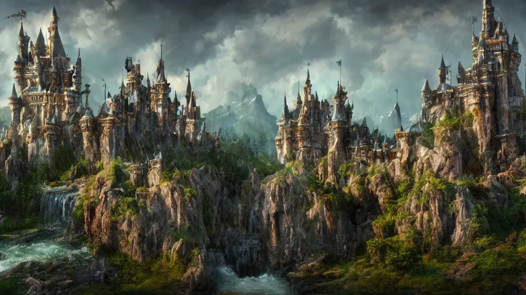 Image similar to fantasy castle, fantasy artwork by mark adamus, very very very beautiful scenery, hd, hdr, ue5, ue6, unreal engine 5, cinematic 4k wallpaper, 8k, ultra detailed, high resolution, artstation, award winning