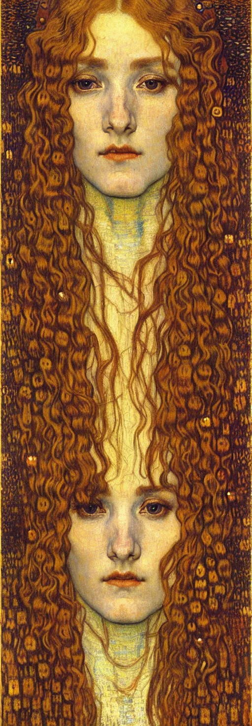 Image similar to detailed realistic beautiful young medieval queen face portrait by jean delville, gustav klimt and vincent van gogh, art nouveau, symbolist, visionary, gothic, pre - raphaelite, muted earthy colors, desaturated