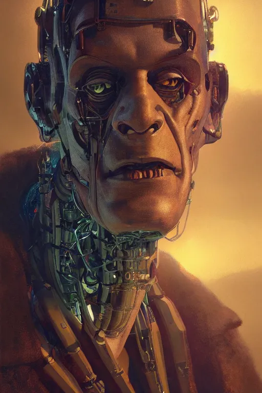 Prompt: a close-up portrait of a frankenstein robot, dramatic backlighting, golden hour, autochrome, high contrast, highly detailed, sharp focus, digital painting, concept art, illustration, cyberpunk, solarpunk, trending on artstation, art by greg rutkowski and greg hildebrandt, composition by alphonse mucha