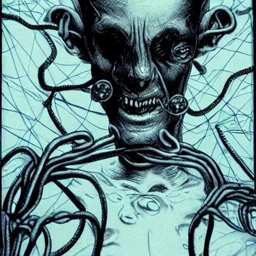Image similar to hyper detailed filmic wide shot 30mm color film photograph of a bundle of dangerous gorey shape shifting alien tendrils violently puncturing a male 70-year-old doctor directly in the eyeball, spewing sanguine fluid all over the place, doctor is wearing a lab coat under dreary fluorescent lights in the style of a horror film still
