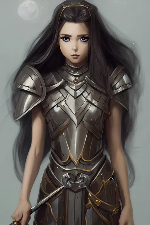 Image similar to a full body portrait of a gorgeous female paladin, D&D, choker on neck, stylish dress, very long flowing hair, intricate, elegant, stylish, cute slightly nerdy smile, mouth slightly open, fantasy, extremely detailed, digital painting, artstation, concept art, smooth, sharp focus, illustration, art by artgerm and greg rutkowski and alphonse mucha