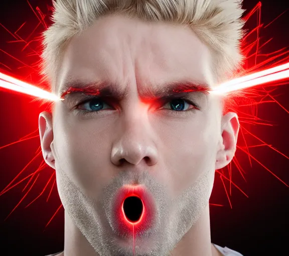 Prompt: hyper realistic portrait of a man with blonde two sides hair and thin face lines, he is throwing red lasers with his eyes and is very angry