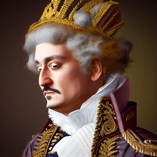 Prompt: a high quality 3 d rendering of johnny depp dressed as french king louis xv, volumetric light, sharp focus, artstation