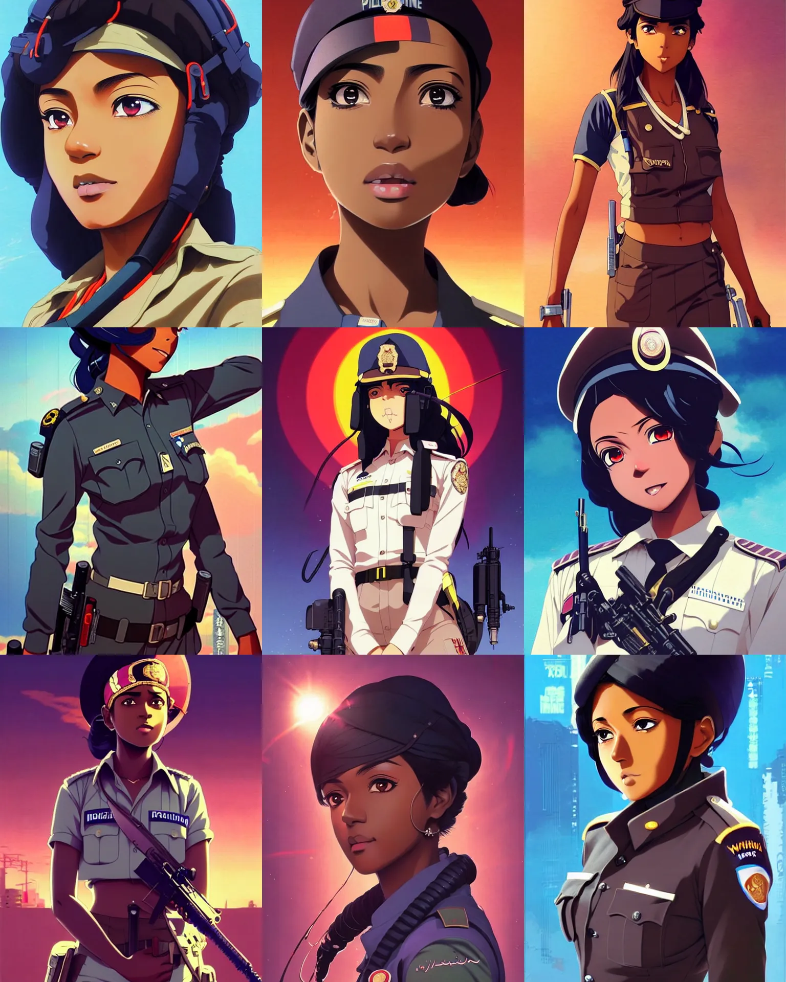 Prompt: A beautiful young dark-skinned Muslim anime Indian dieselpunk policewoman || VERY VERY ANIME!!!, fine-face, pretty face, realistic shaded Perfect face, fine details. Anime. realistic shaded lighting poster by Ilya Kuvshinov katsuhiro otomo ghost-in-the-shell, magali villeneuve, artgerm, Jeremy Lipkin and Michael Garmash and Rob Rey