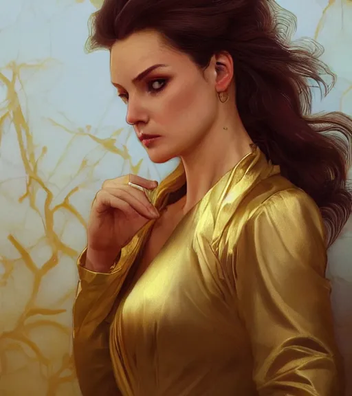 Image similar to julia fox wearing a golden dress, grey hair, red necktie, cinematic, stunning, highly detailed, digital painting, artstation, smooth, hard focus, full body shot, illustration, art by artgerm and greg rutkowski and alphonse mucha