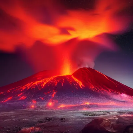 Prompt: matte painting of an erupting volcano surrounded by a sea of red glowing in the night, wise angle