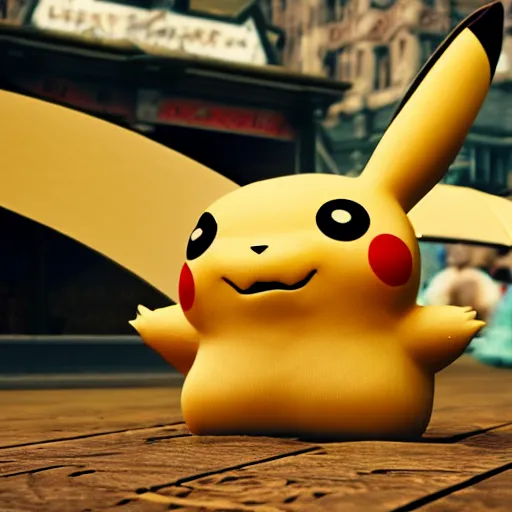 Image similar to unreal 5 render ultradetail of pikachu in an old english market place the style of the scream,