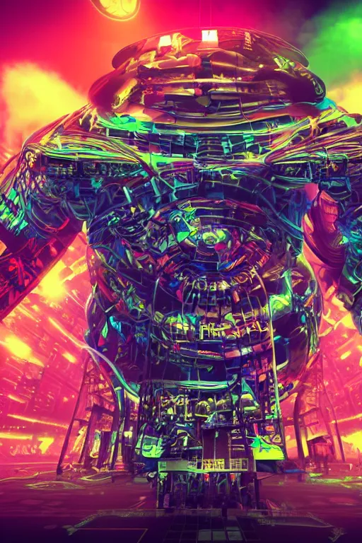 Image similar to a band shirt, tshirt, bandname is tripmachine, tourname is invasion of the tripmachines, realistic digital art, 3 d render of a huge futuristic steampunk generator, 8 k, fluorescent colors, halluzinogenic, multicolored, exaggerated detailed, unreal engine