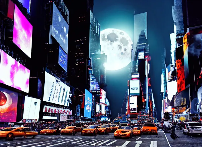 Prompt: film still of the moon shattering into pieces over time square in the new sci - fi movie, 8 k, night time