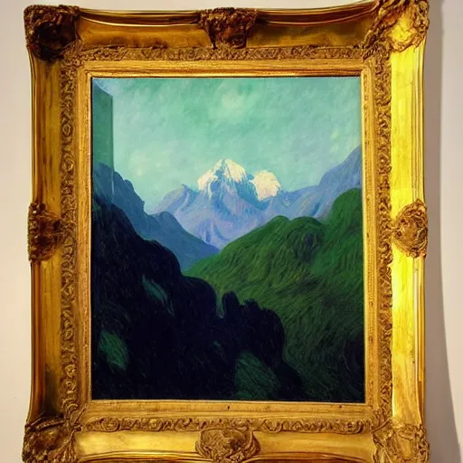 Image similar to achingly beautiful painting of alpine mountains and dramatic soft couds, dramatic twilight by rene magritte, monet, and turner