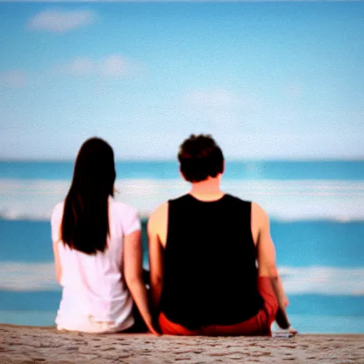 Image similar to 3 5 mm film photo of a man and a woman sitting with the sea behind them, hyperrealistic