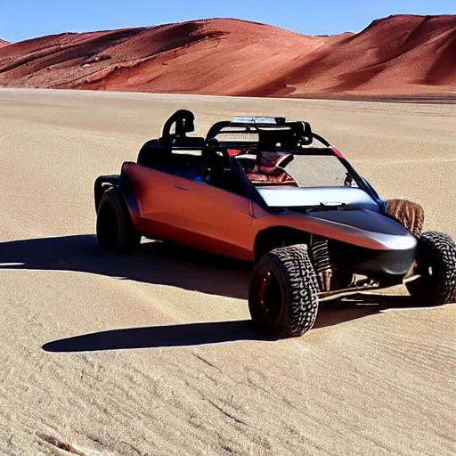 Prompt: tesla dune buggy driving on a desert road