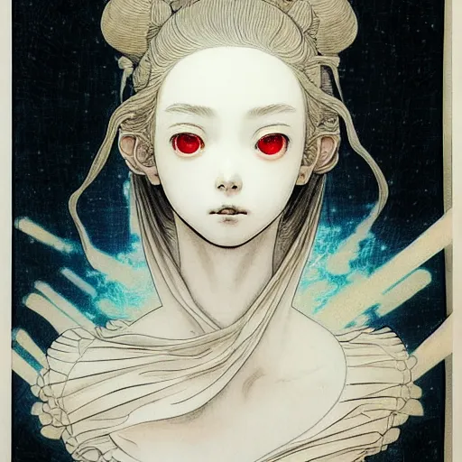 Prompt: prompt: Fragile looking vessle portrait face drawn by Katsuhiro Otomo, inspired by Carlo Dolci, magical and alchemical objects on the side, soft light, white background, intricate detail, intricate ink painting detail, sharp high detail, manga and anime 2000