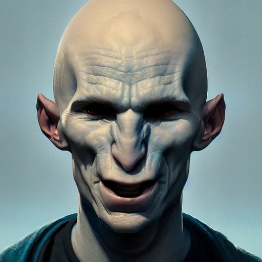 Prompt: a portrait of a wizard young bald with no beard with blue skin with the nose of Voldemort, casting a powerful spell, painted by Greg Rutkowski, trending on ArtStation
