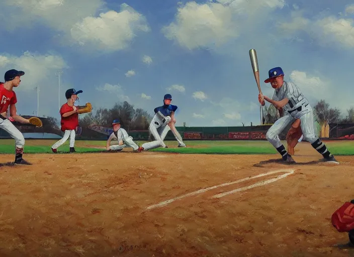 Image similar to baseball game in a cornfield themed, oil painting by jama jurabaev, extremely detailed, brush hard, artstation, for aaa game, high quality, brush stroke