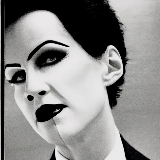 Image similar to A balck and white photgraphic portrait of the character, Desire, a tall, smiling androgyne with black hair and a grey pinstripe suit, studio lighting, medium shot, Life Magazine, 1978, Vertigo Comics, The Sandman written by Neil Gaiman, against a stormy sky