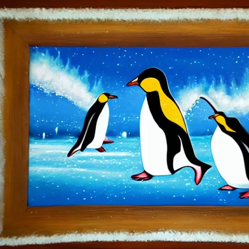 Image similar to penguins running away from lightening strikes while running on ice,, highly detailed, high quality, 8 k, soft lighting, art by mary jackson