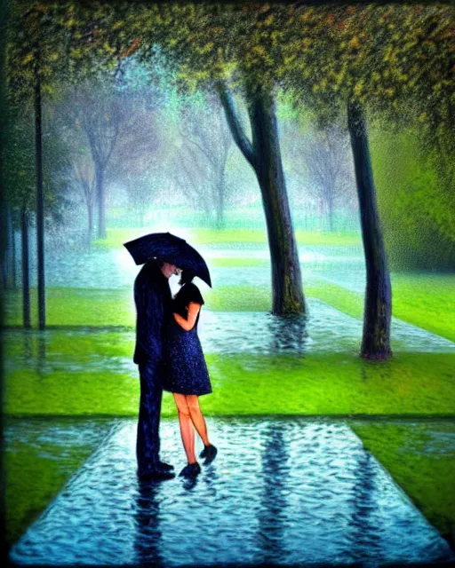 Image similar to raindrops, rain, square, park, lake, man and woman under a black umbrella, trees, kiss, paths, lake, impressionism.