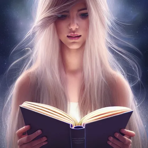 Image similar to a girl reading a book, hair flowing down, symmetric!, 8 k, hyperrealistic, hyperdetailed, fantasy portrait by laura sava