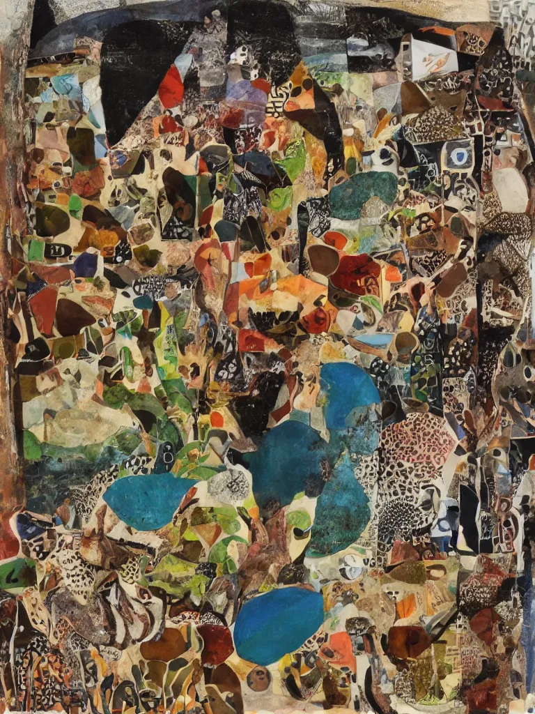 Image similar to mixed media collage by eileen agar depicting travelling through australian wilderness and outback and beaches, landscapes, interesting people, australian animals and birds, earthy color tones